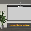 Projection Setup With Screen Projector Fireplace Green Plant And Flames In Interior