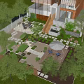 Garden Landscape With Stone Paving Green Plants Wooden Deck And Outdoor Seating