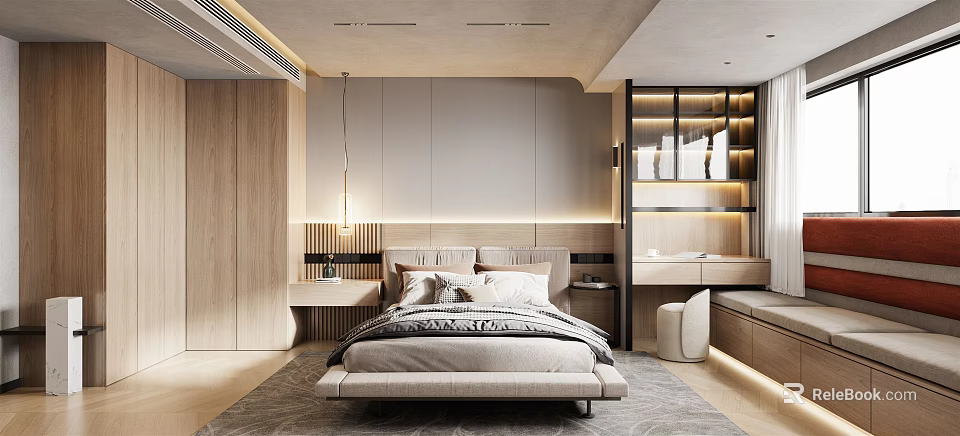 Modern Bedroom Interior Design With Wooden Headboard Lighting Strips And Neutral Tones 3d model 