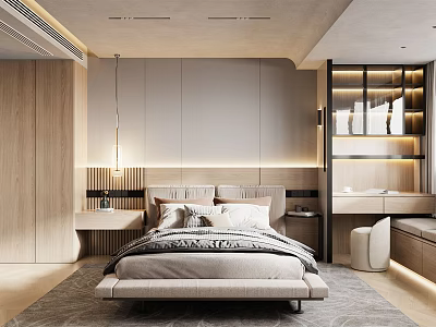 Modern Bedroom Interior Design With Wooden Headboard Lighting Strips And Neutral Tones 3d model