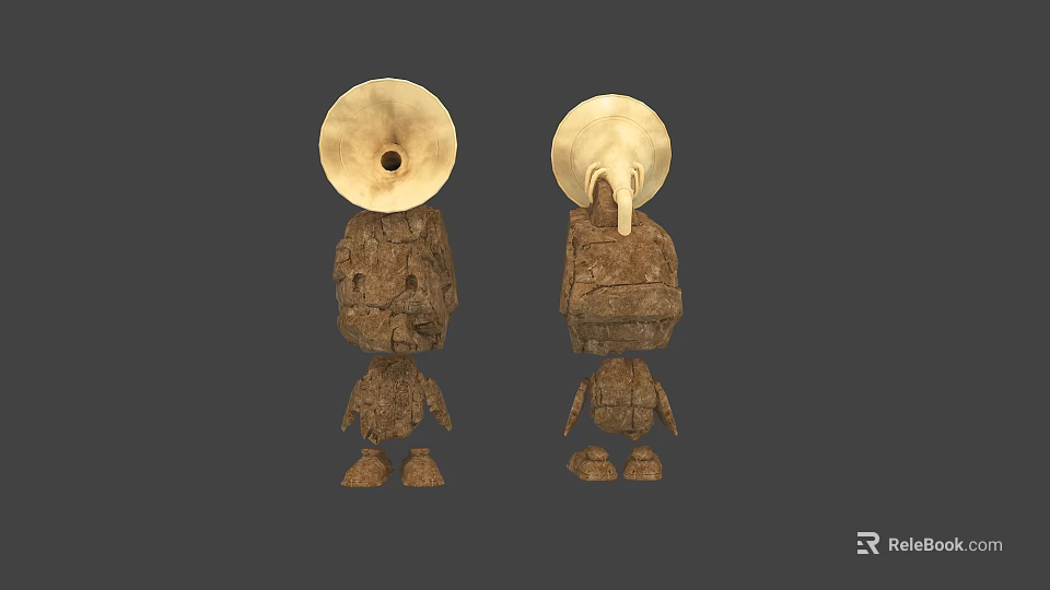 Two Symmetric Stone Tribal Figures with Round Horn like Tops and Rough Textured Bodies 3d model 