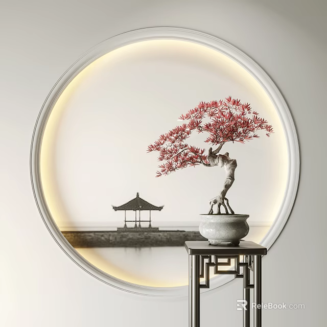 Elegant Bonsai Plant with Red Leaves Shaped Trunk and Chinese Pavilion on Small Table 3d model 