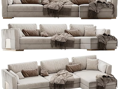 Modern Beige Fabric Sectional Sofa With Soft Pillows And Warm Throw Blankets For Living Room 3d model
