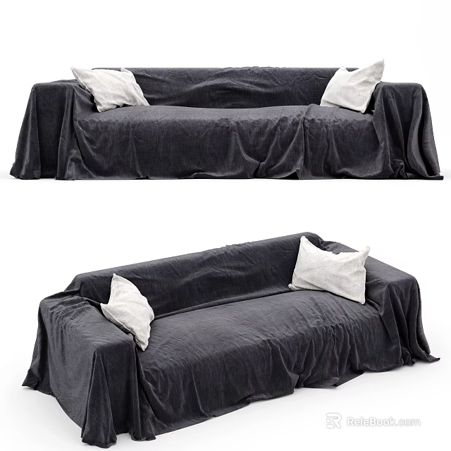 Modern Black Velvet Two Seater Sofa With White Cushions And Draped Cover 3d model 