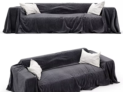 Modern Black Velvet Two Seater Sofa With White Cushions And Draped Cover 3d model