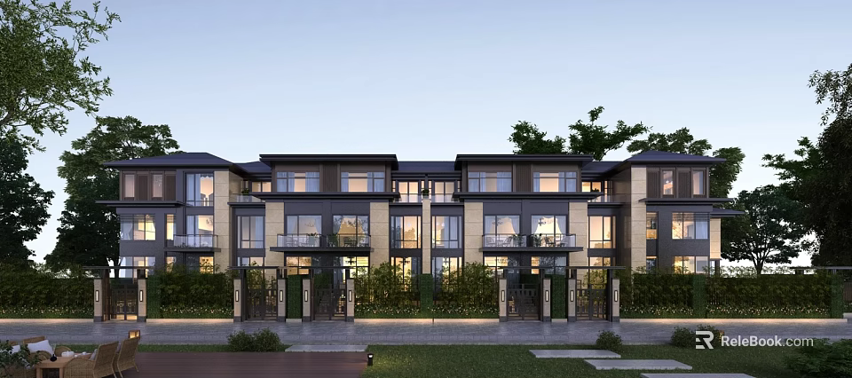Modern Townhouses Exterior Design With Balconies And Greenery 3d model 