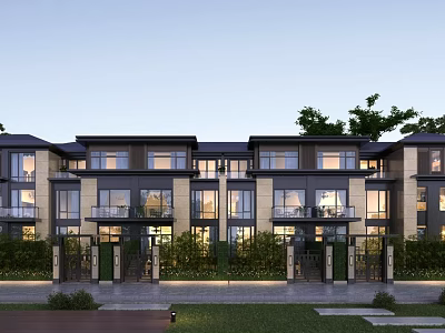Modern Townhouses Exterior Design With Balconies And Greenery 3d model
