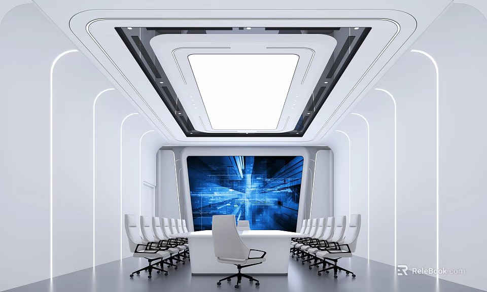 Tech Inspired Modern Conference Room With Large Screen White Chairs Long Table And Ceiling Lighting 3d model 