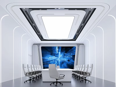 Tech Inspired Modern Conference Room With Large Screen White Chairs Long Table And Ceiling Lighting 3d model