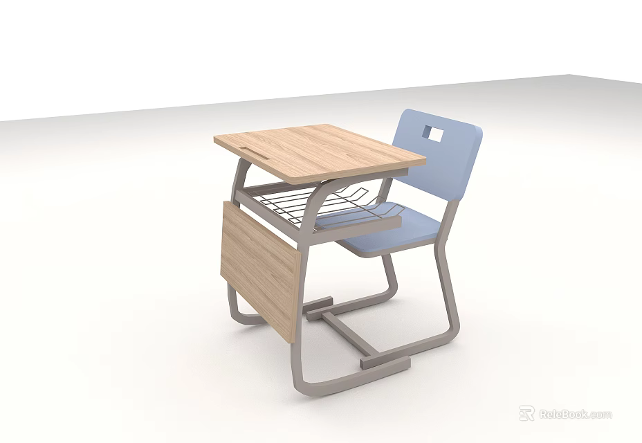 Student Study Desk With Wooden Tabletop And Blue Chair Metal Frame 3d model 