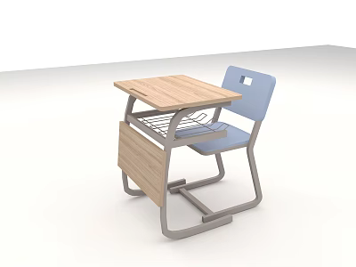 Student Study Desk With Wooden Tabletop And Blue Chair Metal Frame 3d model
