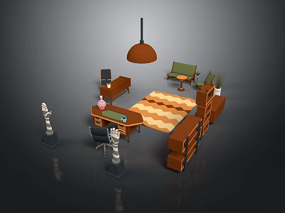 Modern Stylish Office Desk Setup With Ergonomic Chair Wooden Bookshelf And Pendant Light 3d model
