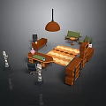 Modern Stylish Office Desk Setup With Ergonomic Chair Wooden Bookshelf And Pendant Light