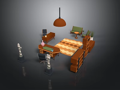 Modern Stylish Office Desk Setup With Ergonomic Chair Wooden Bookshelf And Pendant Light 3d model