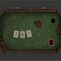 Wooden Carved Poker Table With Green Felt Surface And Playing Cards Chips Cup