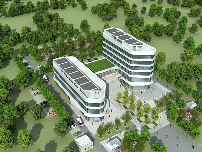 Modern Office Building Complex With Solar Panels On Roof Surrounded By Lush Trees And Greenery 3d model