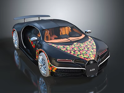 Bugatti Sports Car With Black Body Colorful Floral Patterns Open Doors And Brown Interior 3d model
