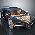 Bugatti Sports Car With Black Body Colorful Floral Patterns Open Doors And Brown Interior