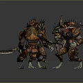 Three Spiked Armor Weapon Wielding Game Movie Fantasy Monstrous Characters With Armored Exoskeletons