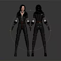 Two Detailed Female Characters In Black Outfit With Belt Gloves Front Back View