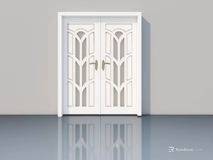 White Double Swing Doors With Geometric Glass Panels And Golden Handles 3d model 