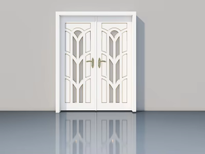 White Double Swing Doors With Geometric Glass Panels And Golden Handles 3d model