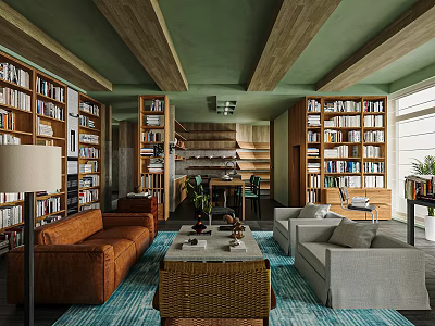 Living Room Interior With Green Walls Wooden Beam Ceiling Bookshelves Brown Gray Sofa 3d model