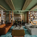 Living Room Interior With Green Walls Wooden Beam Ceiling Bookshelves Brown Gray Sofa
