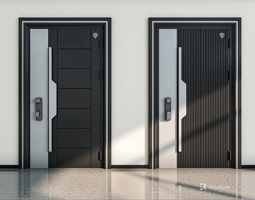 Modern Black Security Doors With Vertical Lines And Secure Lock System 3d model 