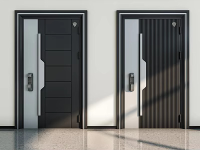 Modern Black Security Doors With Vertical Lines And Secure Lock System 3d model