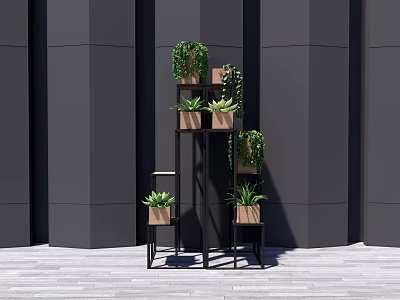 Bonsai Potted Plants Display on Black Multi Tiered Stand for Indoor Decorative Arrangement 3d model