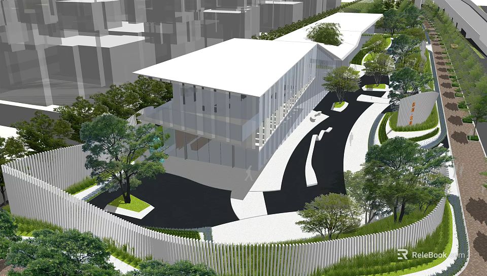 Modern Garden Landscape Design With Curved Paths Lush Greenery And White Fence 3d model 