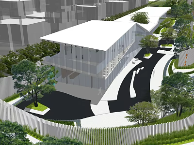Modern Garden Landscape Design With Curved Paths Lush Greenery And White Fence 3d model