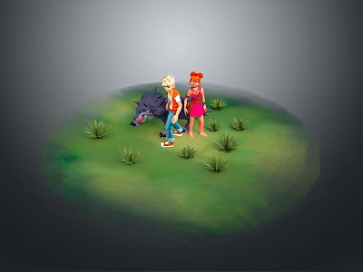 Children Playing With Elephant On Green Grass With Small Plants 3d model