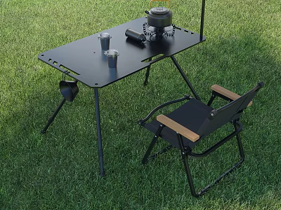 Black Metal Outdoor Table With Portable Stove Cups And Folding Chair On Grass 3d model