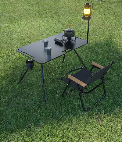 Black Metal Outdoor Table With Portable Stove Cups And Folding Chair On Grass 3d model