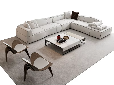 White L shaped Sofa and Coffee Table Set with Pillows Modern Chairs and Light Rug 3d model