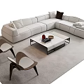 White L shaped Sofa and Coffee Table Set with Pillows Modern Chairs and Light Rug