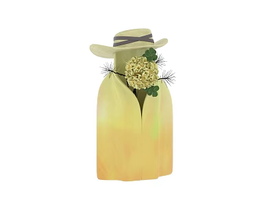 Yellow Vase With Decorative Hat And Fresh Flower Arrangement Including Pine Branches And Clover 3d model