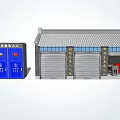 Community Service Center And Waste Sorting Kiosk With Blue Bins Roller Doors Red Trash Cans