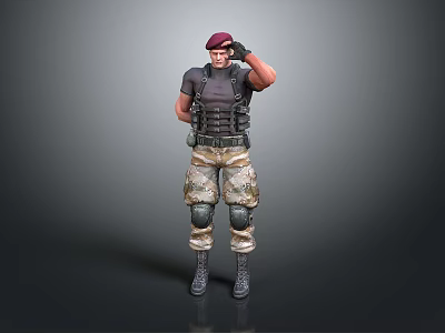 3D Military Character Posing With Red Beret Tactical Vest Camouflage Pants And Kneepads 3d model