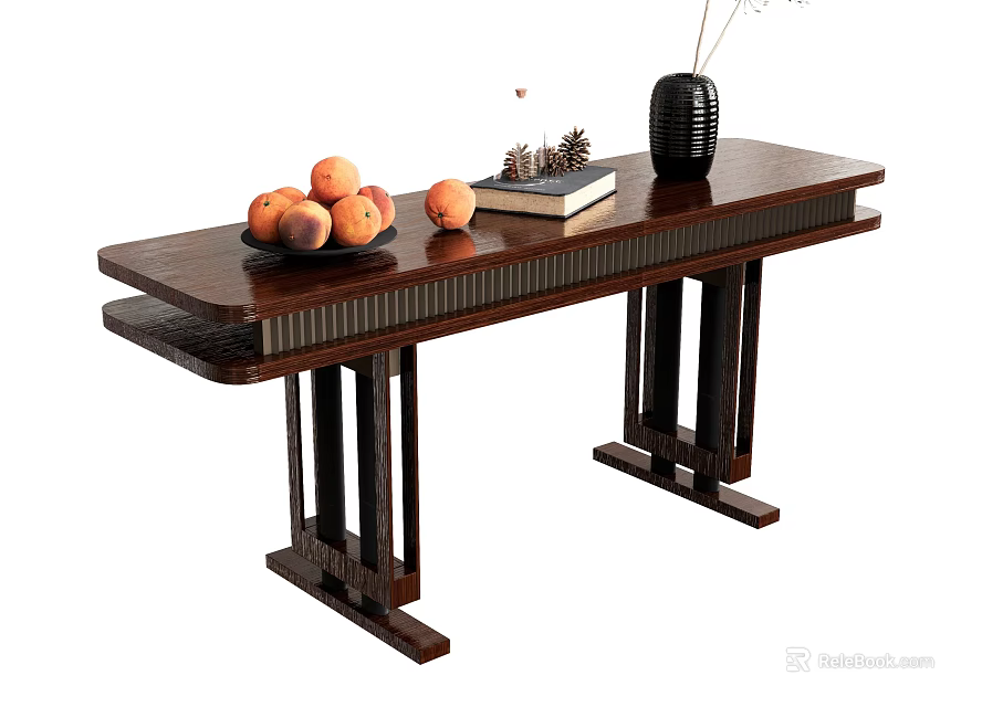 Elegant Wooden Console Table With Fruits Book Vase And Decorative Items 3d model 