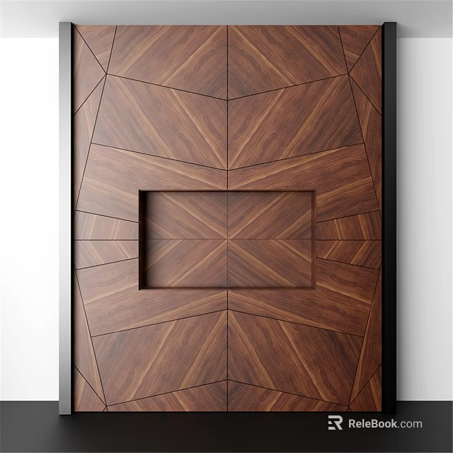 Wooden Wall Panel with Intricate Geometric Inlaid Patterns and Central Rectangular Inset in Modern Interior 3d model 