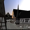European Style Commercial Street With Cobblestone Path Vintage Carriage And Outdoor Café Tables