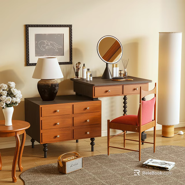 Cozy Wooden Vanity Dresser With Round Mirror Red Chair Table Lamp And Flower Vase 3d model 