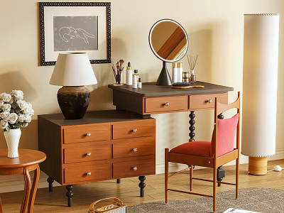 Cozy Wooden Vanity Dresser With Round Mirror Red Chair Table Lamp And Flower Vase 3d model