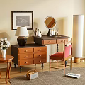 Cozy Wooden Vanity Dresser With Round Mirror Red Chair Table Lamp And Flower Vase