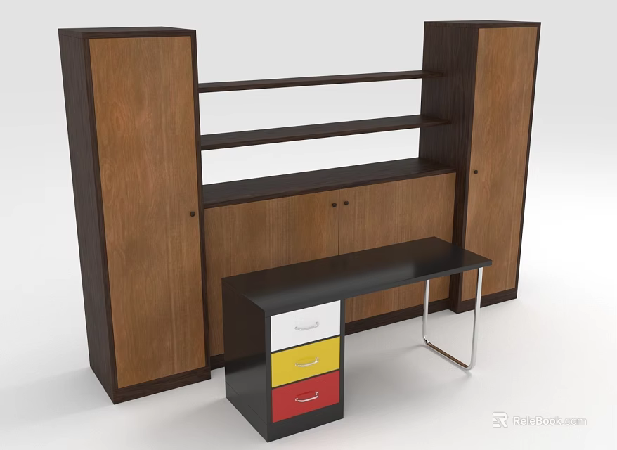 Wooden Furniture Set With Storage Cabinet Open Shelves Desk And Colorful Drawers Metal Legs 3d model 