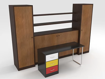 Wooden Furniture Set With Storage Cabinet Open Shelves Desk And Colorful Drawers Metal Legs 3d model