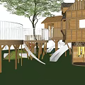 Outdoor Wooden Playground Equipment With Treehouse Slides Platforms And Stairs On Green Grass
